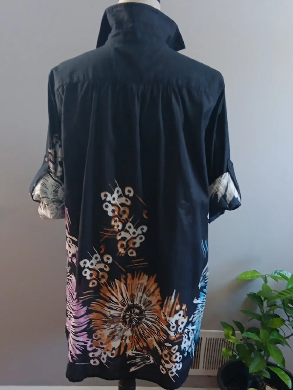 Woman's Black With Floral Design Oversized Coverup - Size M